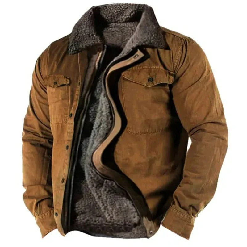 Tan-brown jacket with chest flap pockets, half unzipped to show grey fleece lining and collar 1