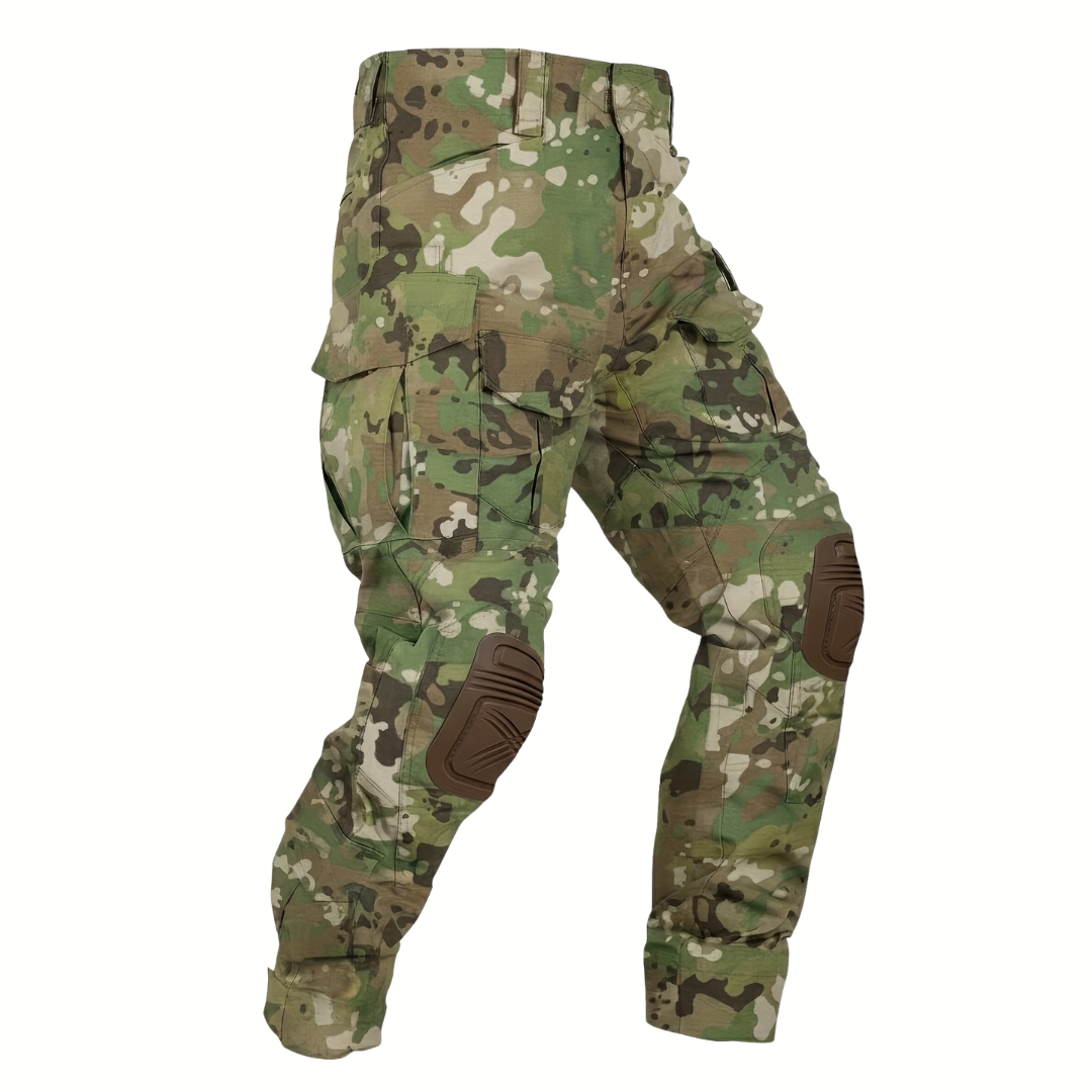 Flat view of the trousers in a green, brown and cream camouflage pattern with brown knee pads. 13