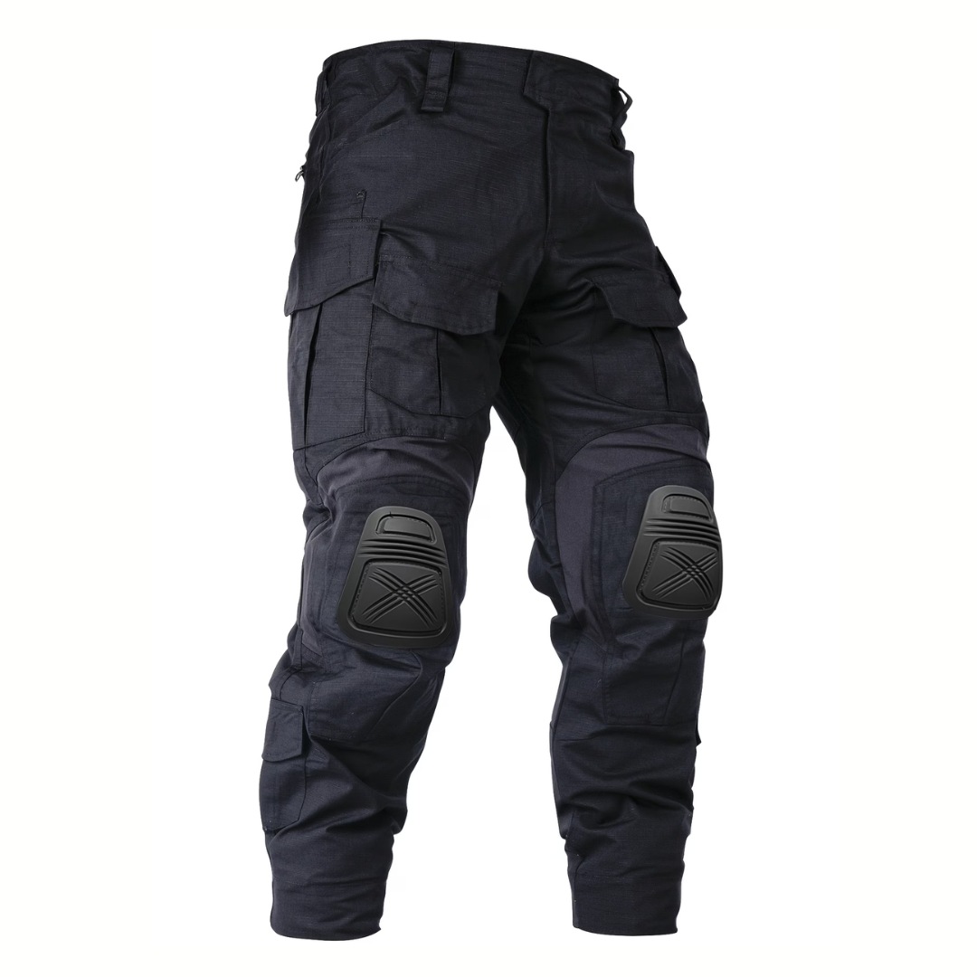 Black ripstop cargo trousers from the front on a white background, showing flap pockets and moulded hard knee pads. 1
