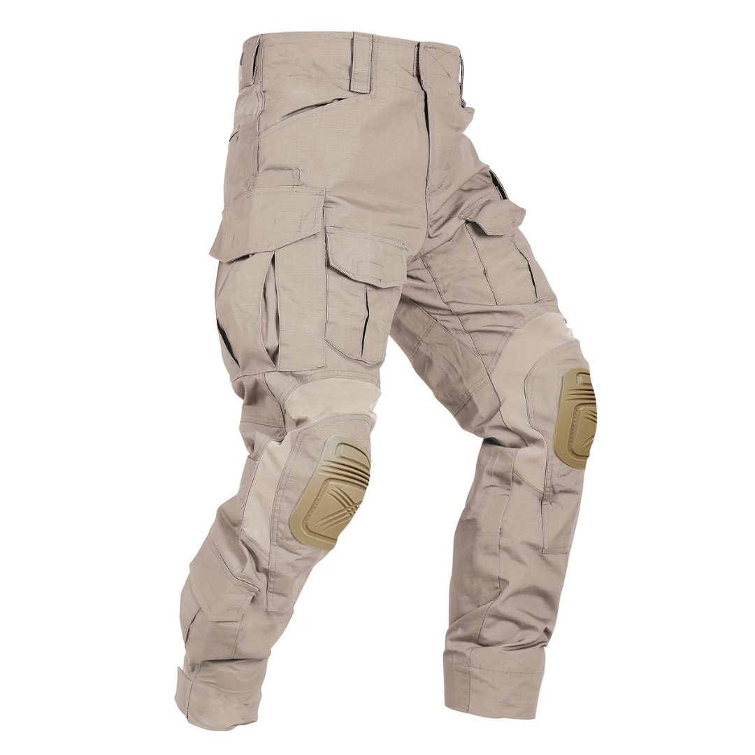 Flat view of the trousers in a light sand colour, with matching tan knee pads and multiple flap pockets. 11
