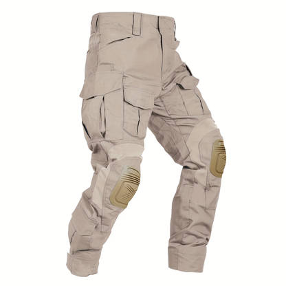 Flat view of the trousers in a light sand colour, with matching tan knee pads and multiple flap pockets. 11