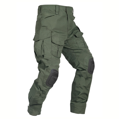 Flat view of the trousers in olive green with dark grey knee pads, showing the flap cargo pockets and fastened cuffs. 12