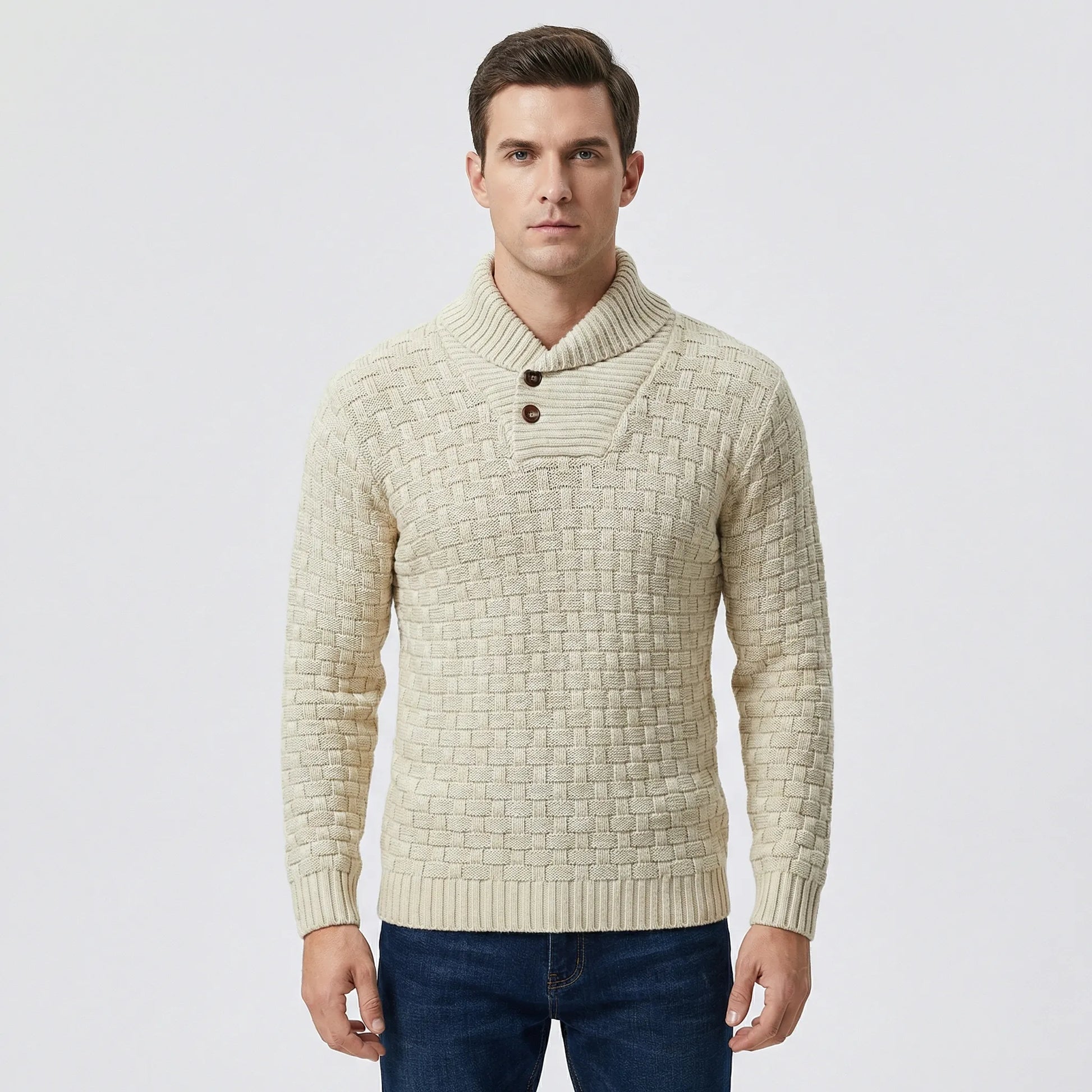 Mens Jumper With Shawl Collar And Textured Knit - Lenny