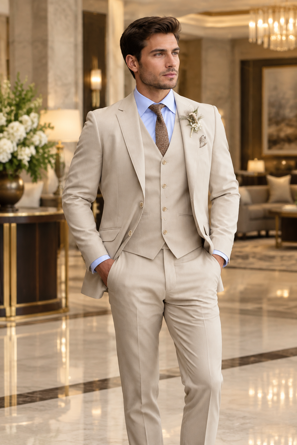 Model in a beige three-piece suit with blue shirt, brown tie and boutonniere, standing in a marble hotel lobby 1