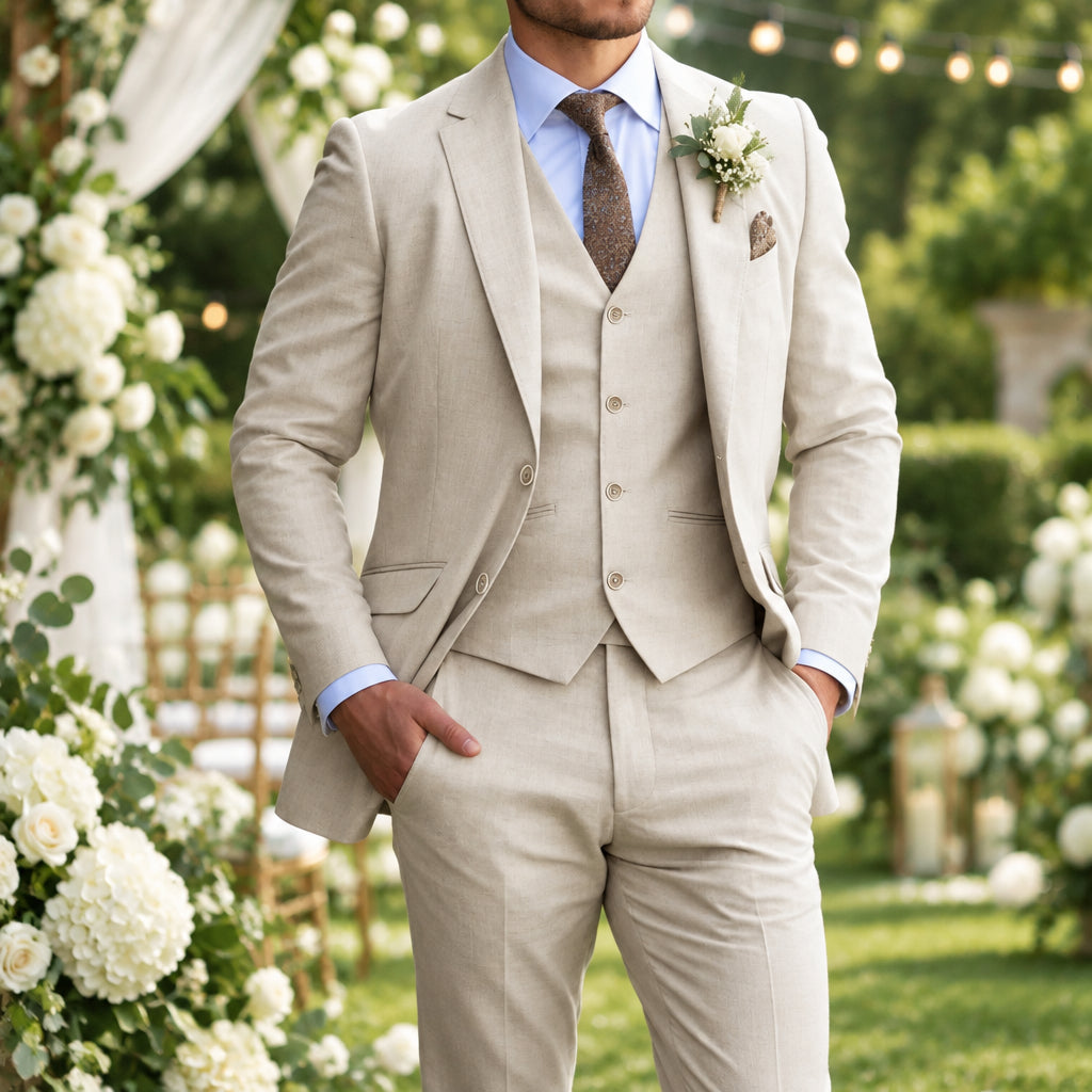 Model in a beige three-piece suit with blue shirt and floral boutonniere at an outdoor wedding 1