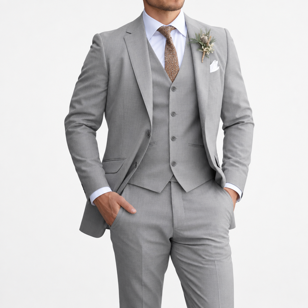 Model in the light grey three-piece suit with white shirt, brown tie and pocket square 8