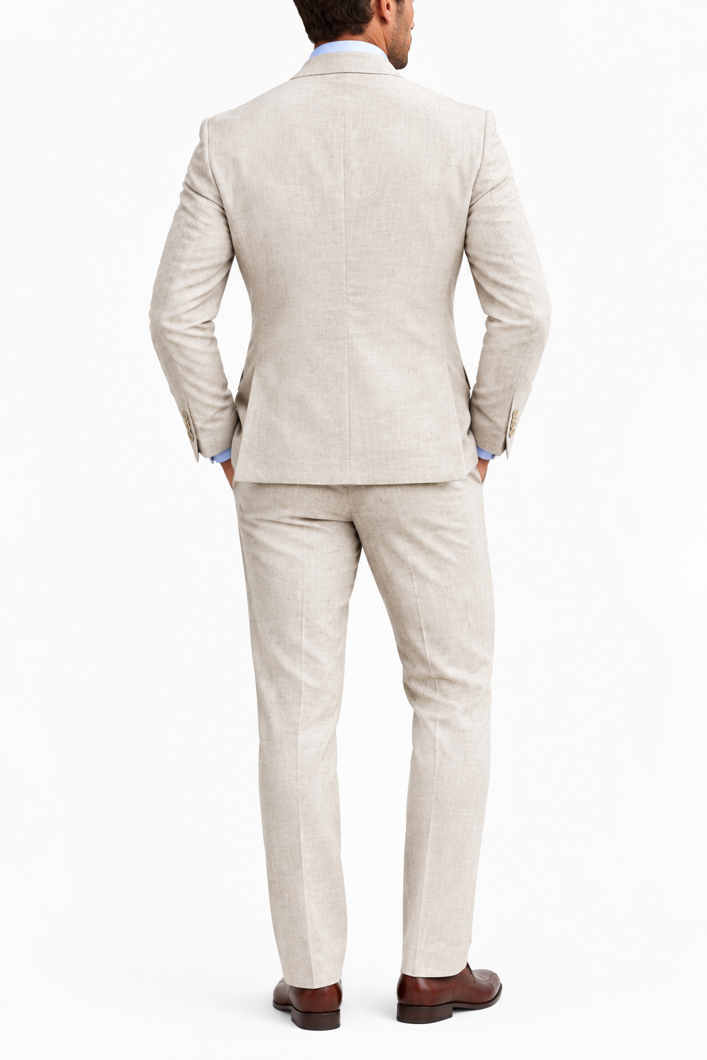 Back view of the beige suit jacket and trousers, worn with brown leather shoes 7