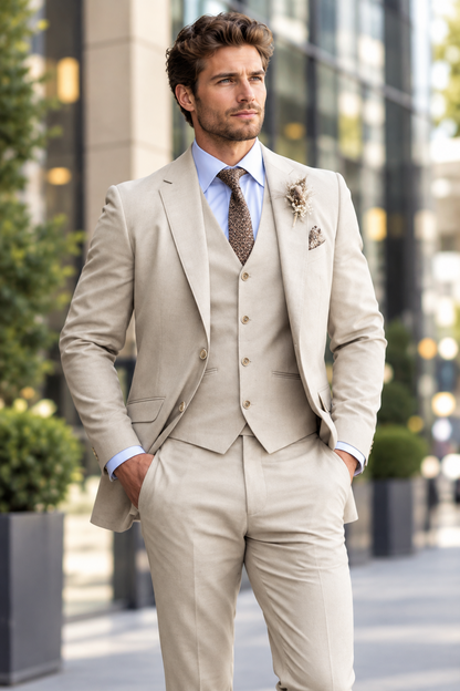 Model in a beige three-piece suit with light blue shirt, patterned tie and boutonniere, walking down a city street 1