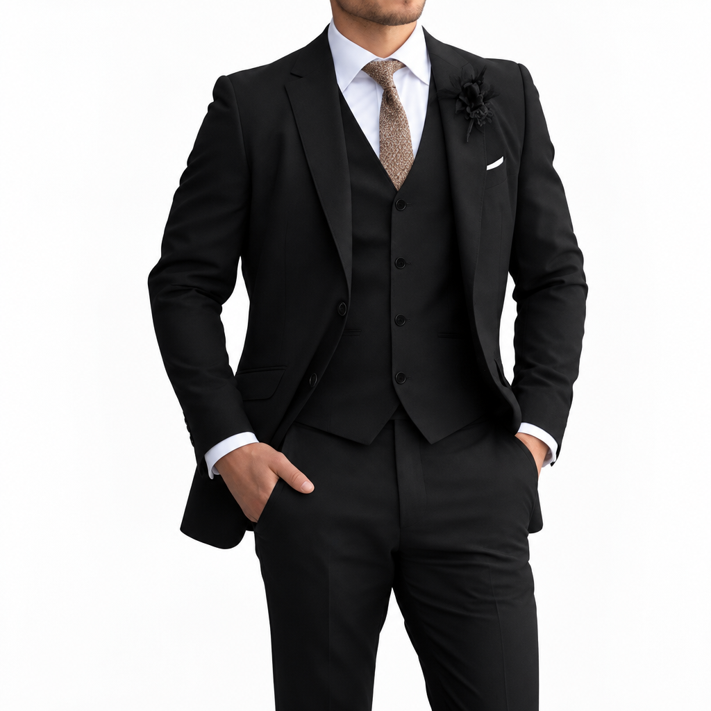 Model in the black three-piece suit with white shirt and brown tie against a white background 5