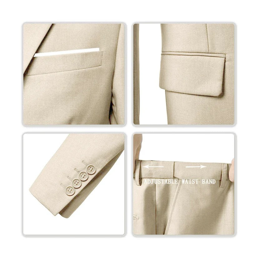 Four detail panels of the beige suit: breast pocket, flap pocket, sleeve buttons and adjustable waistband 5