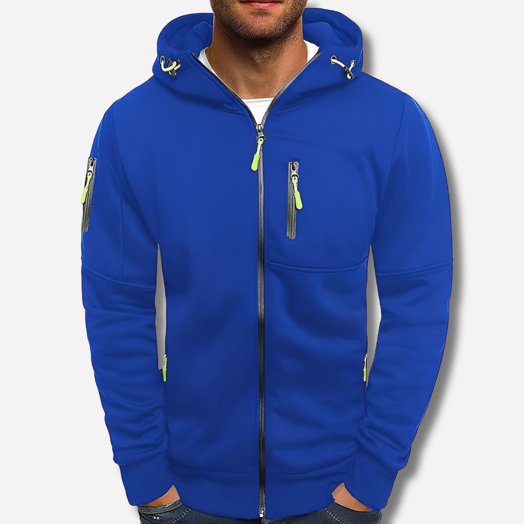 Royal blue zip-up hoodie with lime green zip pulls and drawcords, shown on a model against a plain light background. 2