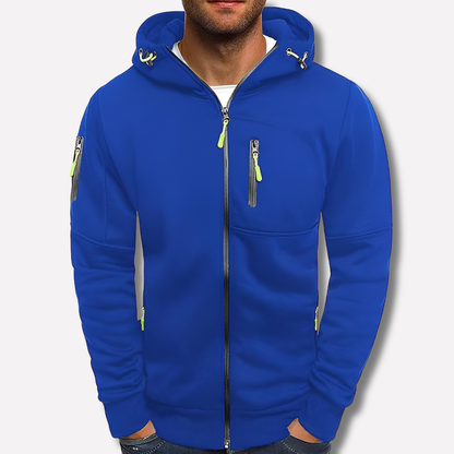 Royal blue zip-up hoodie with lime green zip pulls and drawcords, shown on a model against a plain light background. 2