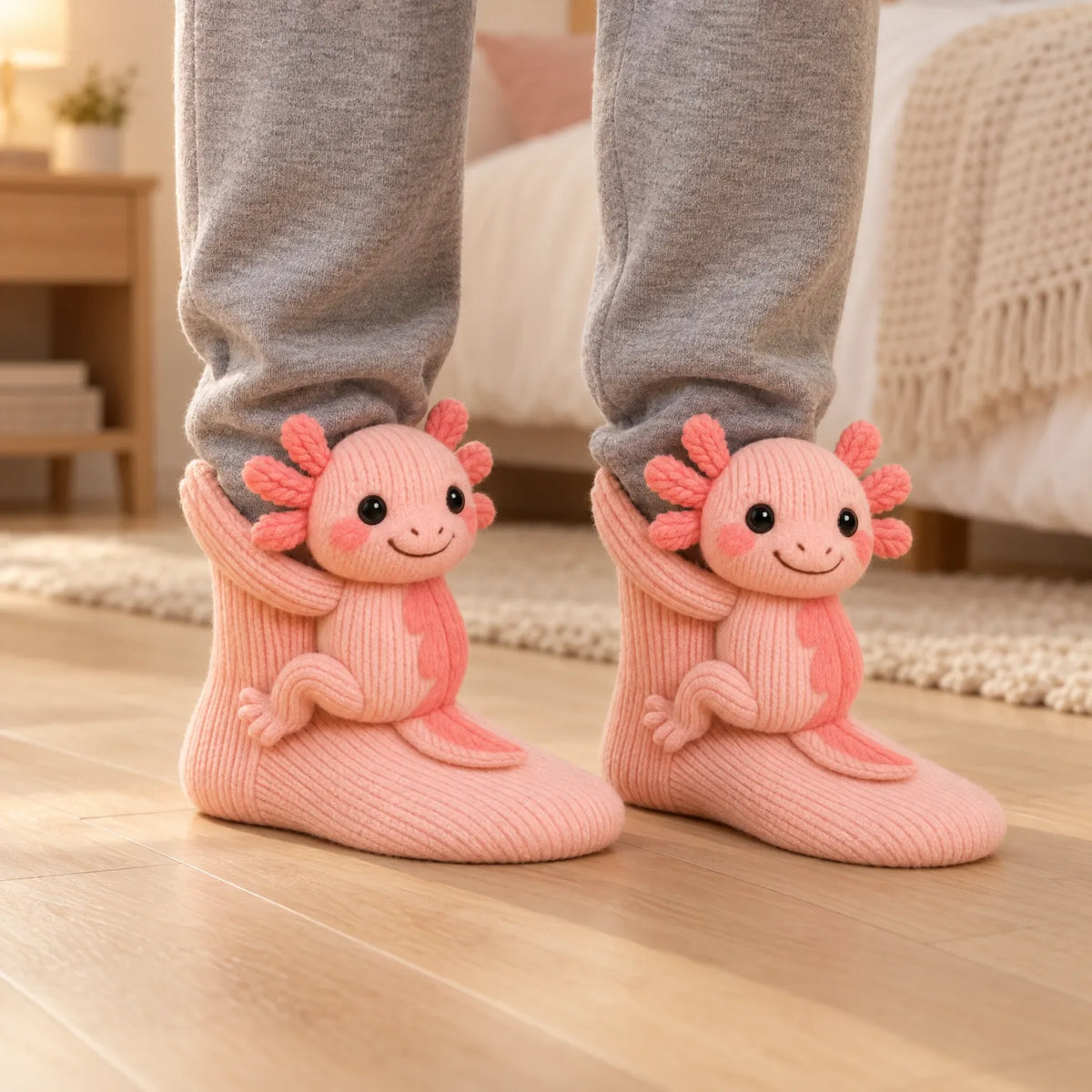 Pair of pink knitted socks with smiling axolotl figures, worn with grey joggers in a bedroom 1