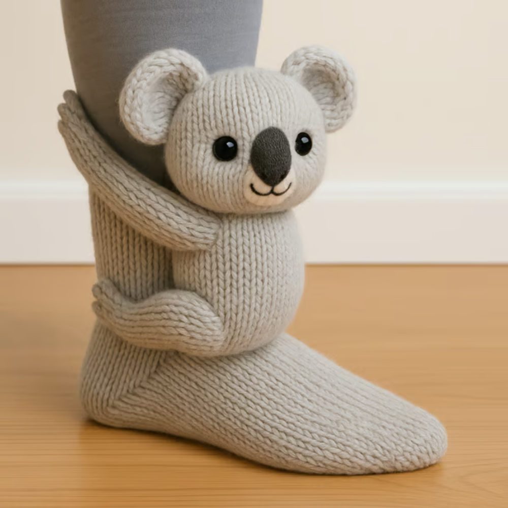 Grey knitted sock with a koala figure hugging the ankle, with round ears and a dark nose 11
