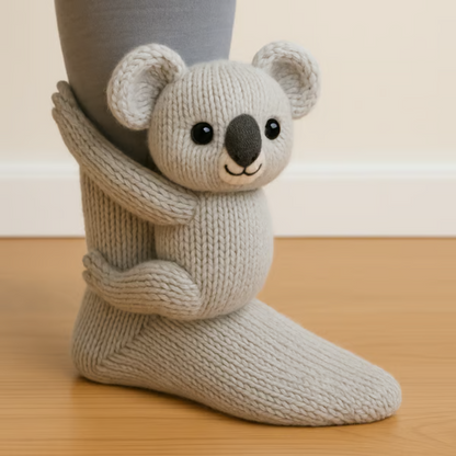 Grey knitted sock with a koala figure hugging the ankle, with round ears and a dark nose 11