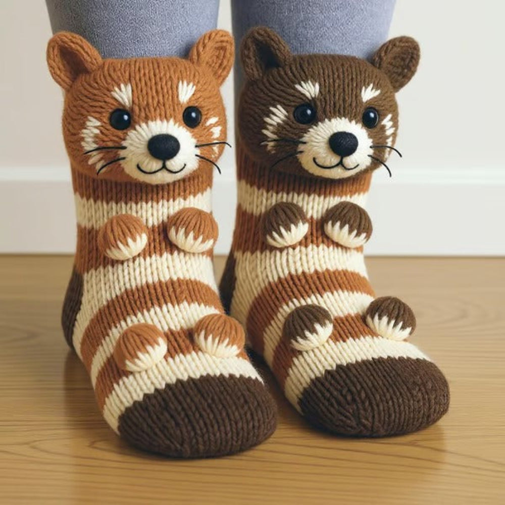 Front view of a pair of striped brown and cream socks with animal faces and paws 12