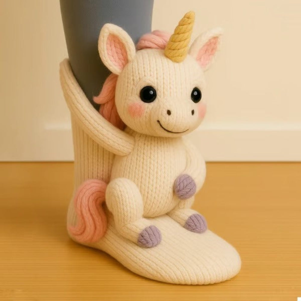 Cream knitted sock with a unicorn figure with pink mane, yellow horn and lilac hooves 13