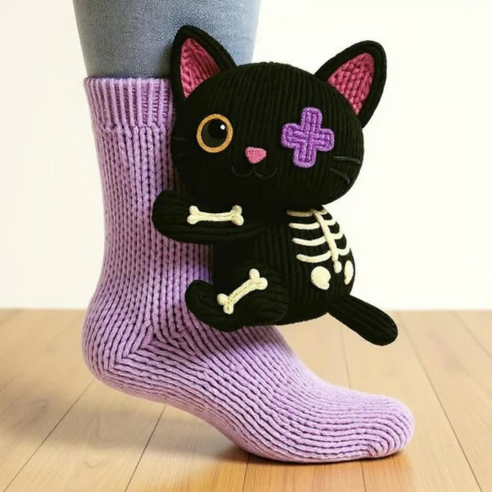 Lilac sock with a black cat figure with a skeleton print and purple cross over one eye 14