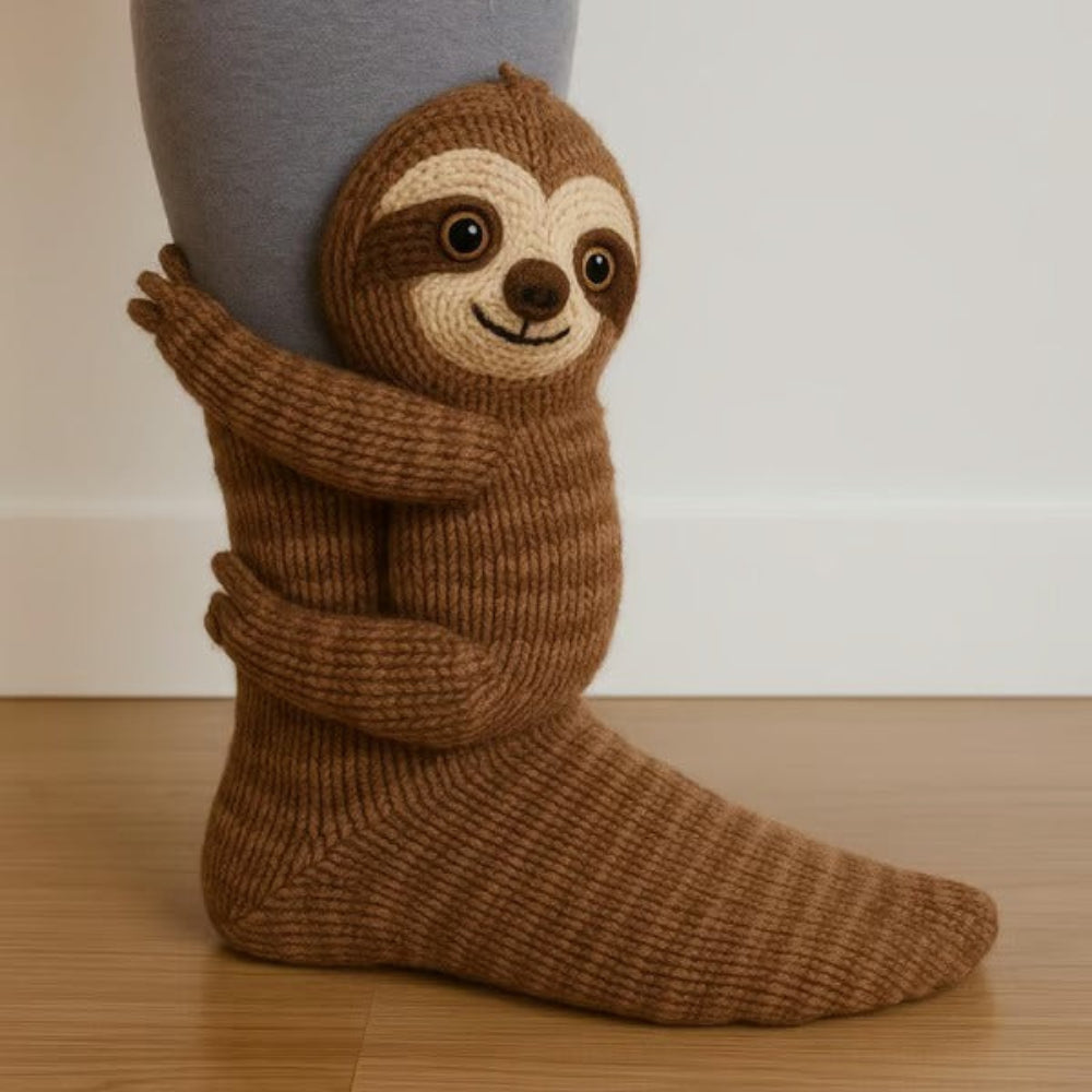 Brown knitted sock with a sloth figure hugging the ankle, worn on a wooden floor 2