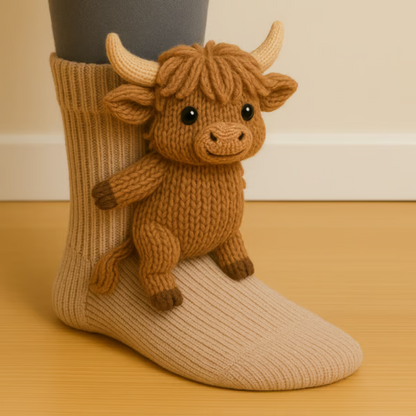 Beige ribbed sock with a small brown Highland cow figure with cream horns 4