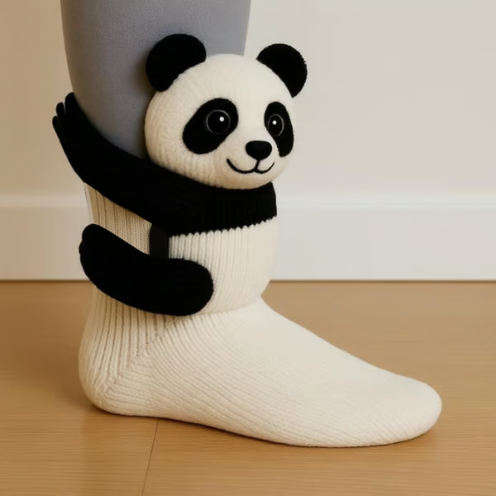 Cream knitted sock with a black-and-white panda figure whose black arms wrap around the ankle 6