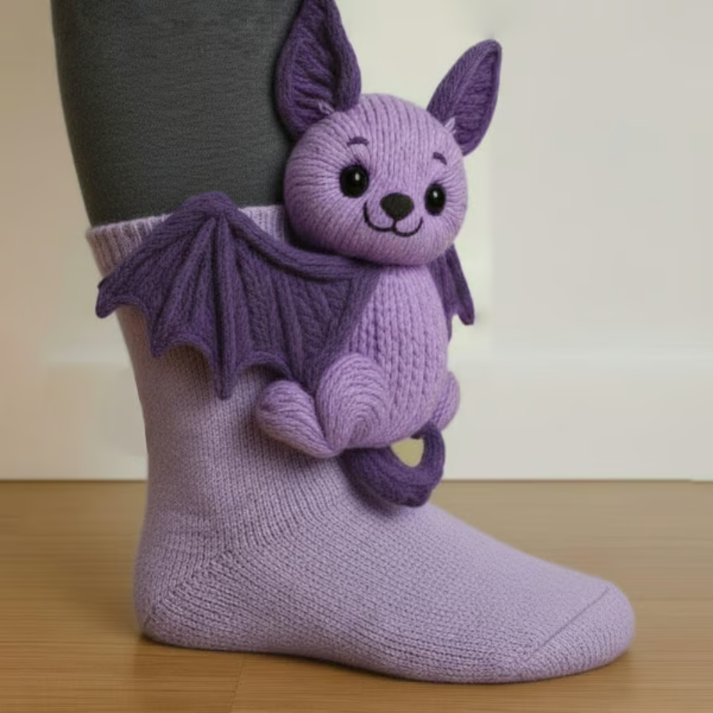 Lilac knitted sock with a purple bat figure with spread wings on the ankle 8