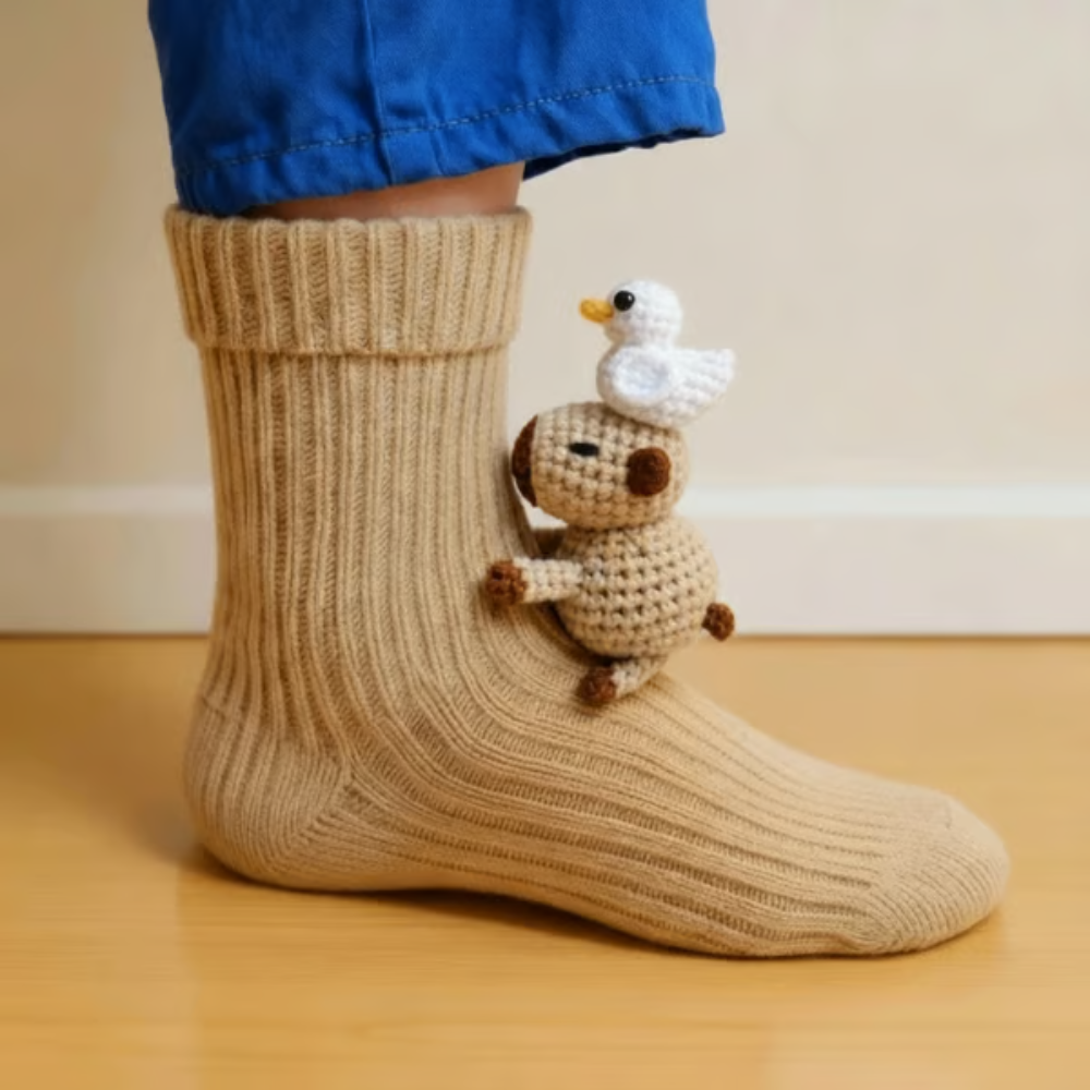 Beige ribbed sock with a crocheted capybara figure with a small white duck on its head 9