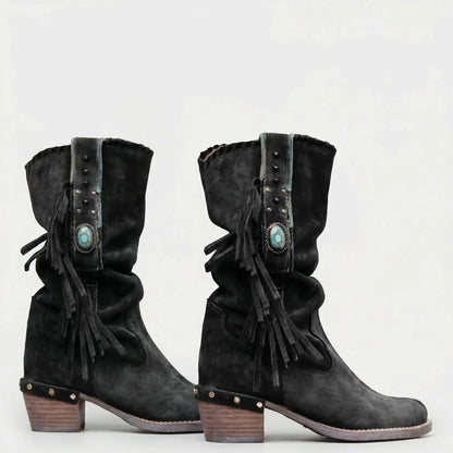 Mid-Calf Fringe Western Boots - Caroline