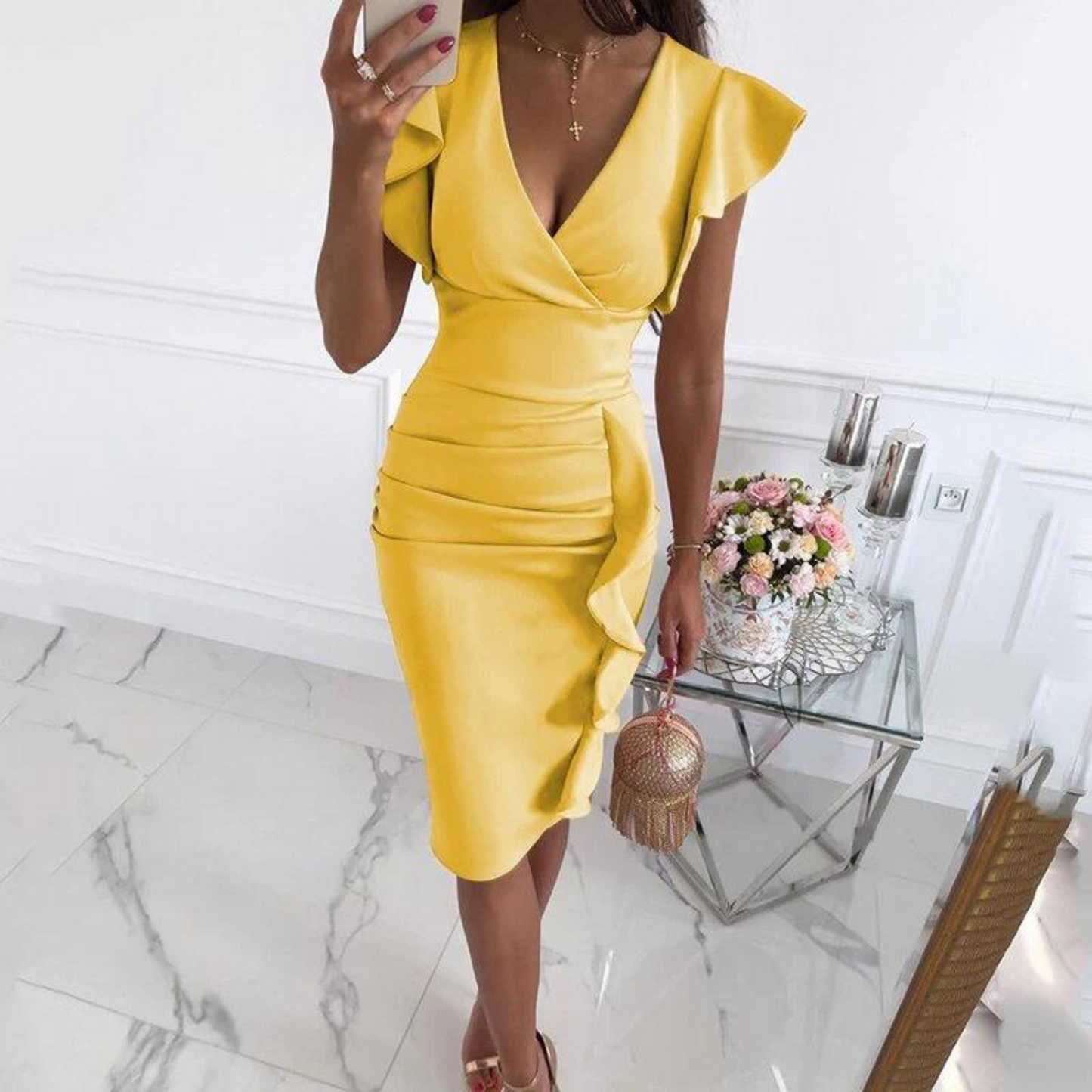Autumn midi dress with V-neck and fitted waist – Livia