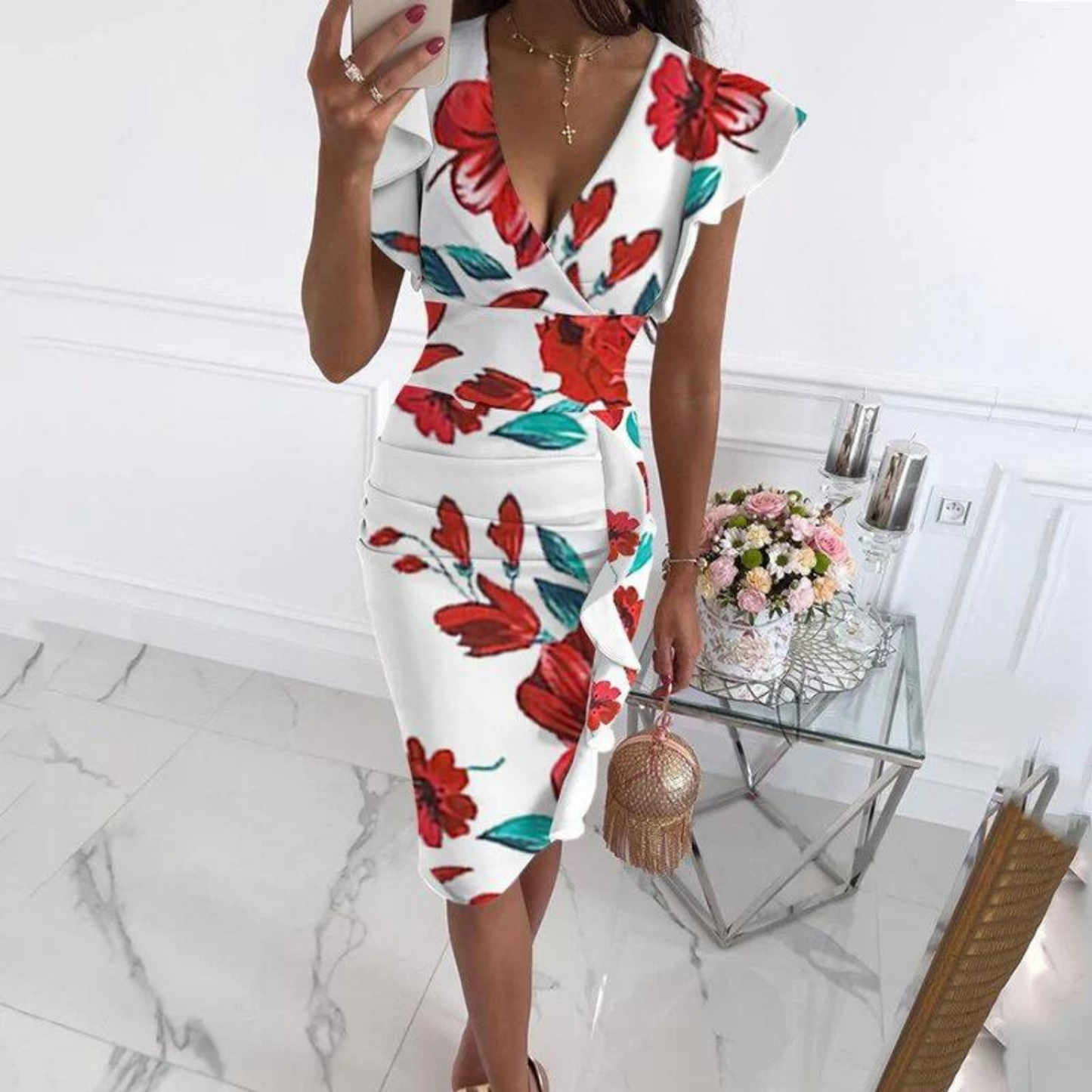 Autumn midi dress with V-neck and fitted waist – Livia