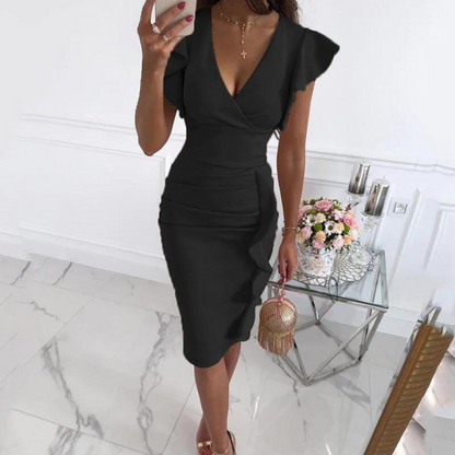 Autumn midi dress with V-neck and fitted waist – Livia