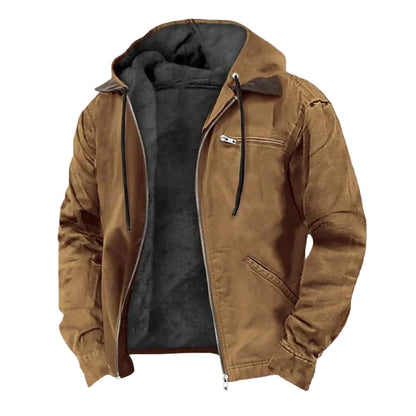 Tan hooded zip-up jacket on a plain white background, unzipped to show the dark fleece lining, drawstrings and zipped chest pocket. 1