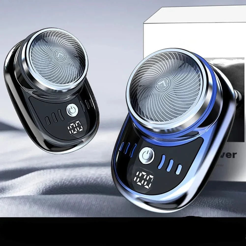 Two shavers shown together, one with blue trim and one all black, in front of the product box. 3