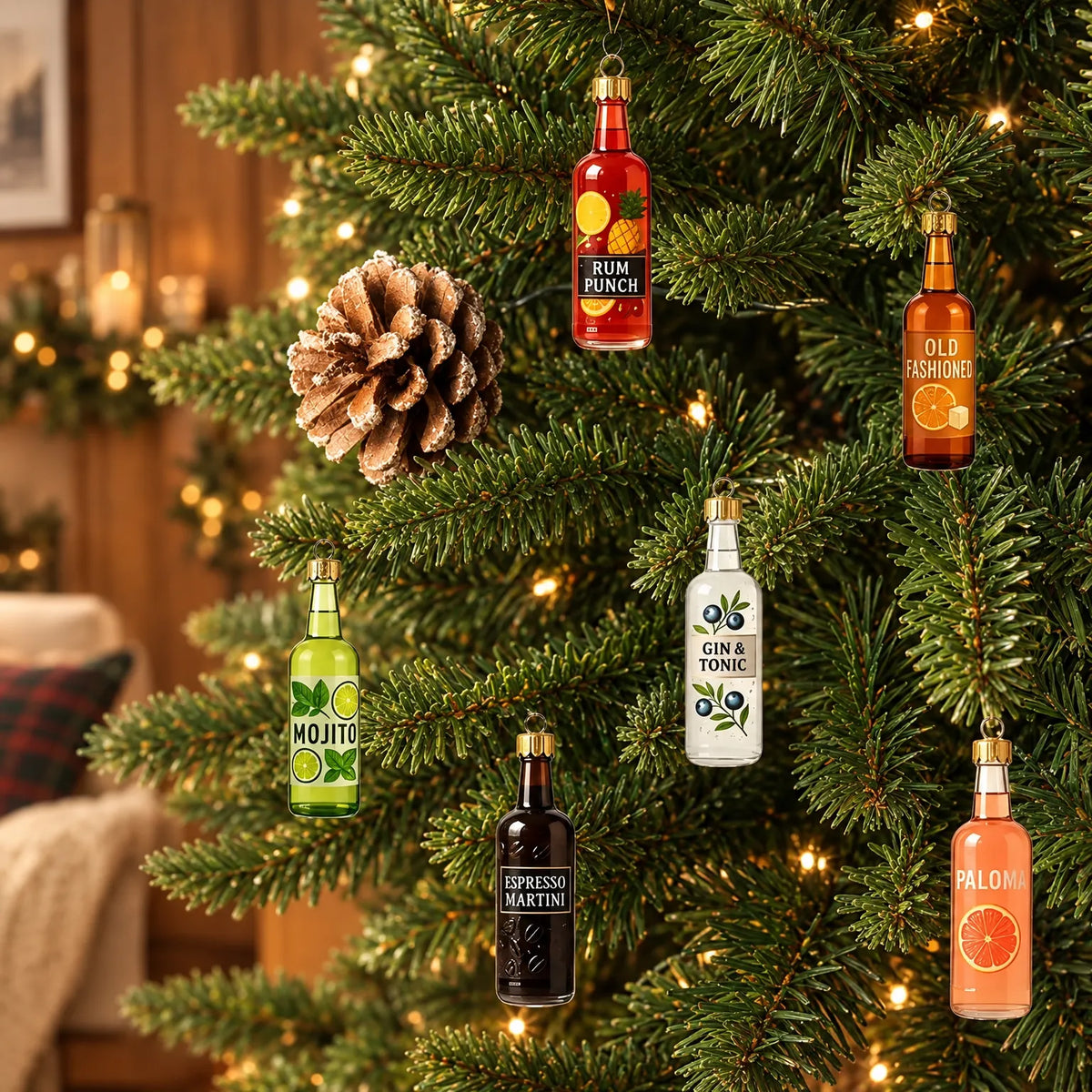 Six colourful miniature glass bottle ornaments with gold caps hanging on a lit Christmas tree beside a frosted pine cone. 1