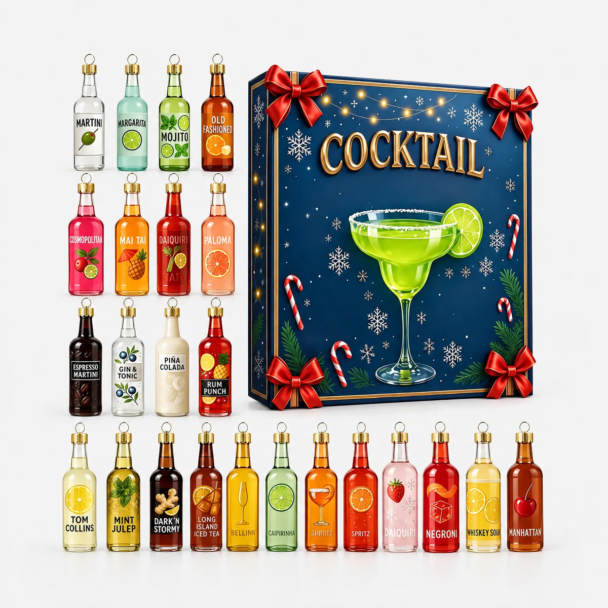 Full set of twenty-four miniature bottle ornaments in assorted colours laid out beside a navy gift box with red bows. 2