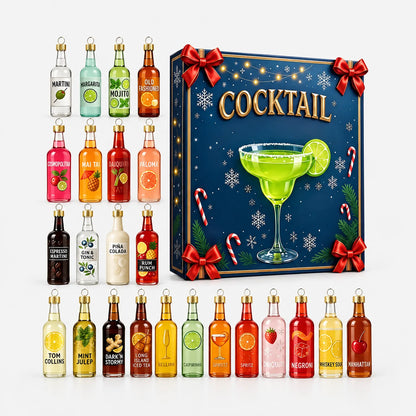 Full set of twenty-four miniature bottle ornaments in assorted colours laid out beside a navy gift box with red bows. 2