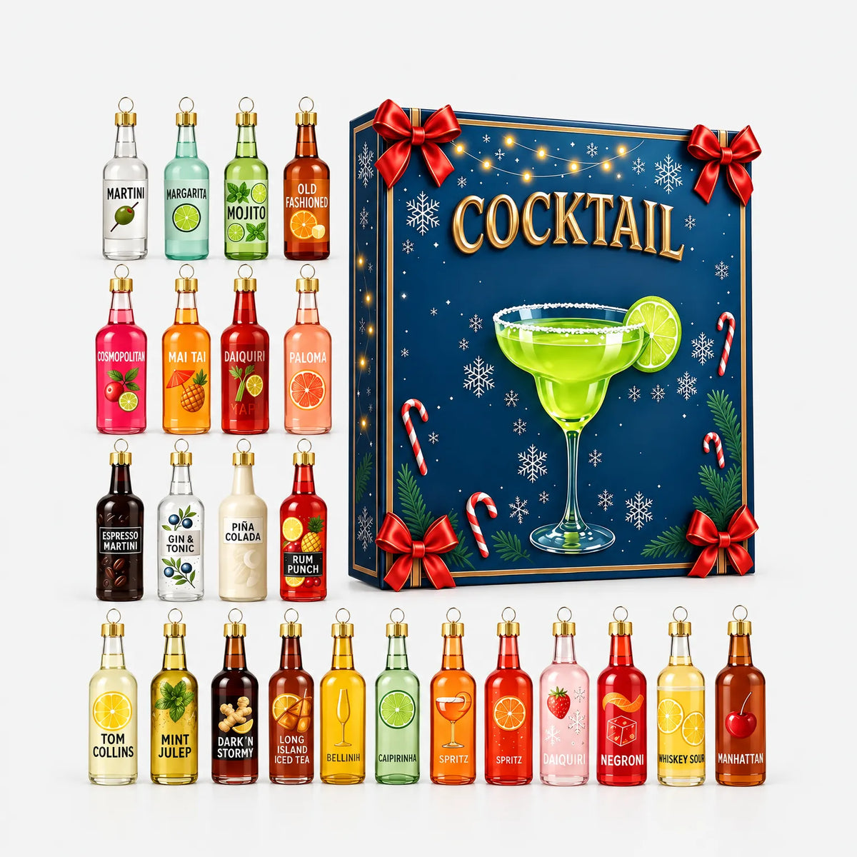 Flat lay of the complete collection of miniature bottle ornaments arranged next to the festive navy gift box with red bows. 4
