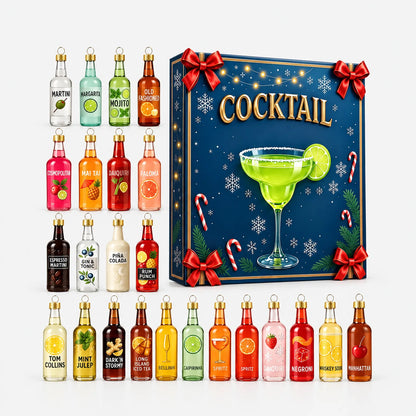 Flat lay of the complete collection of miniature bottle ornaments arranged next to the festive navy gift box with red bows. 4