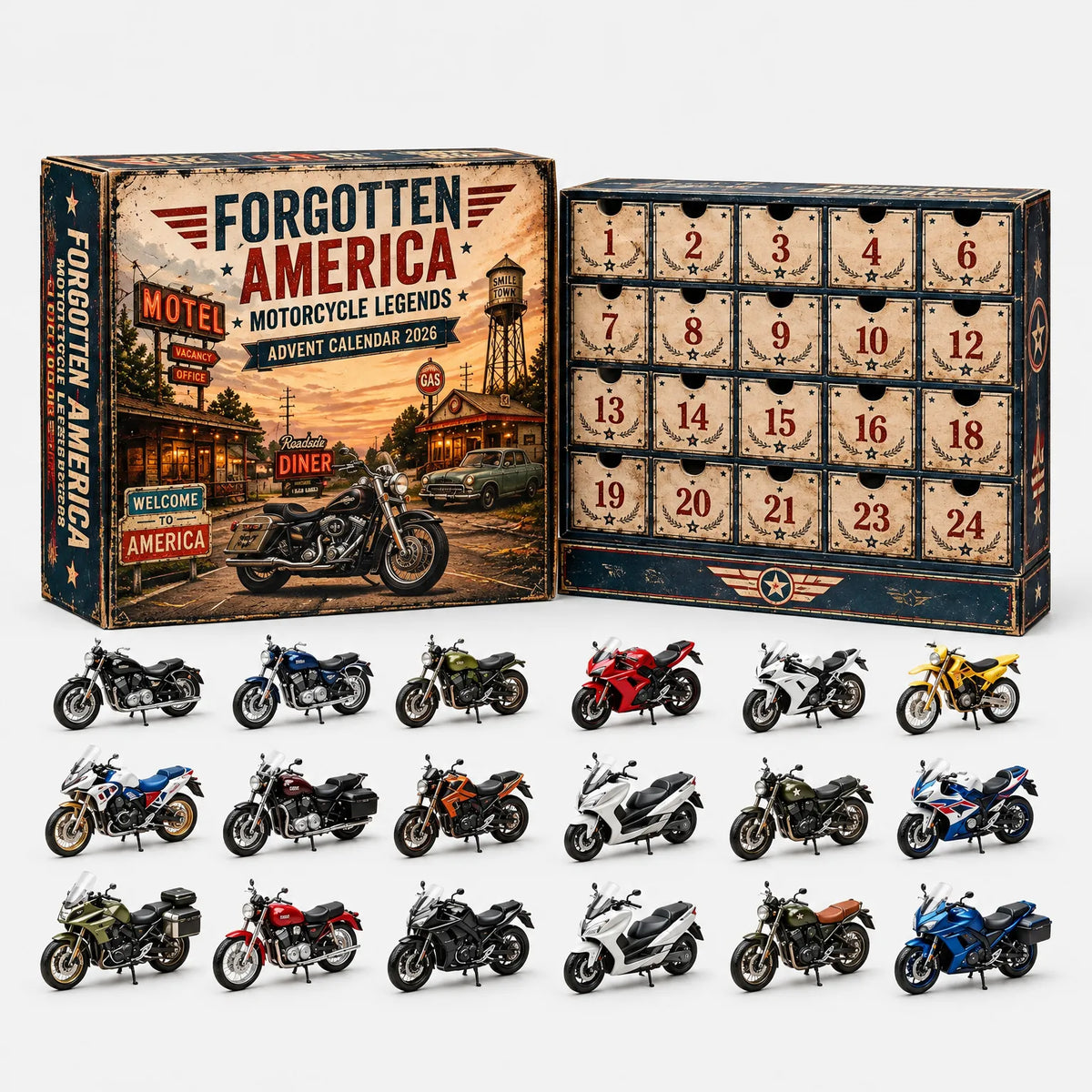 Retro roadside-themed motorcycle advent calendar with aged cream drawers, shown with rows of miniature motorcycles in assorted colours below. 4