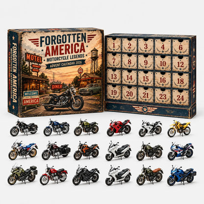 Retro roadside-themed motorcycle advent calendar with aged cream drawers, shown with rows of miniature motorcycles in assorted colours below. 4