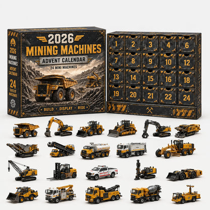 Black and yellow mining-themed advent calendar with numbered drawers, shown with miniature dump trucks, excavators, loaders, tankers and other yellow work vehic 8