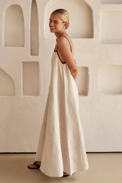 Sleeveless Beige Boho Maxi Dress in Linen-Look – Elin