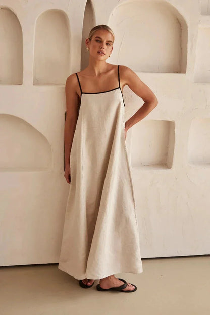Sleeveless Beige Boho Maxi Dress in Linen-Look – Elin