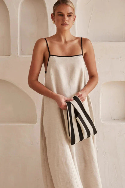 Sleeveless Beige Boho Maxi Dress in Linen-Look – Elin