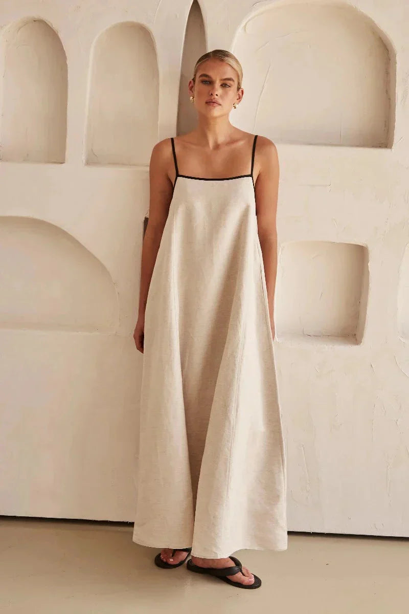 Sleeveless Beige Boho Maxi Dress in Linen-Look – Elin