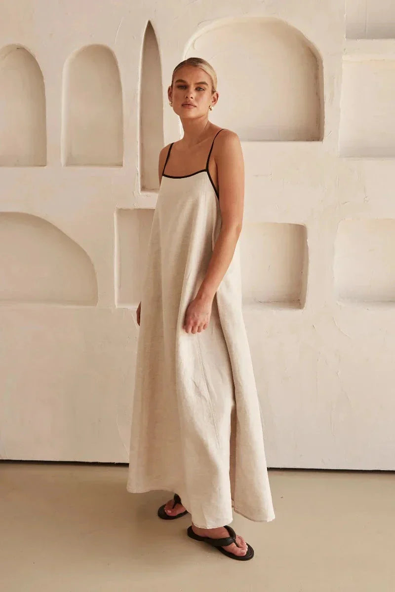Sleeveless Beige Boho Maxi Dress in Linen-Look – Elin