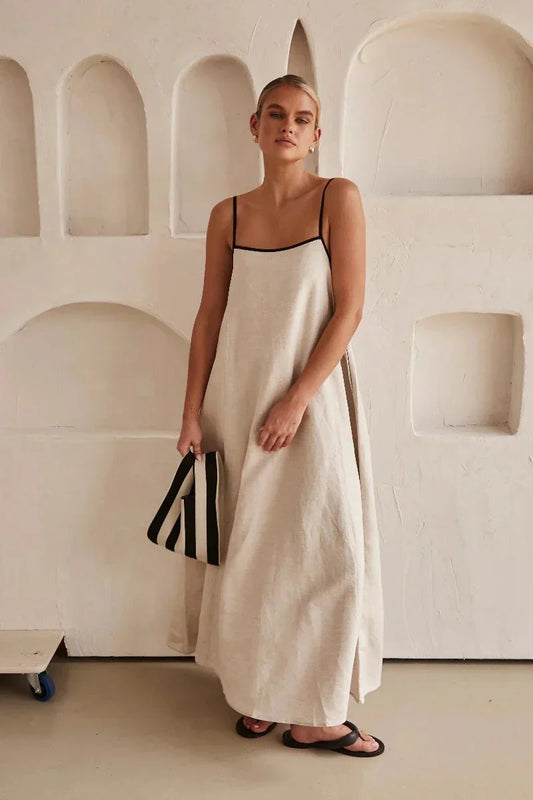 Sleeveless Beige Boho Maxi Dress in Linen-Look – Elin