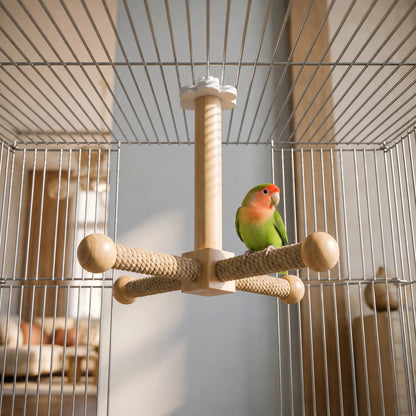 Perch hanging inside a wire cage from its white mount, with a green and orange lovebird standing on one rope-wrapped arm. 2