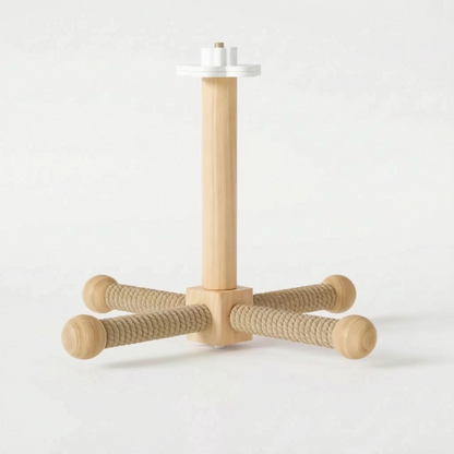 Perch with natural beige rope-wrapped arms and wooden ball ends, seen from slightly above, showing the screw fitting under the base block. 5