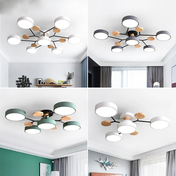 Four-panel collage of the multi-arm ceiling light in white, grey and green finishes, each with round shades and wooden discs. 1